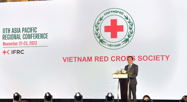 Phó Thủ tướng Trần Lưu Quang phát biểu tại Hội nghị Chữ thập Đỏ và Trăng lưỡi liềm Đỏ khu vực châu Á-Thái Bình Dương lần thứ 11 - Ảnh: VGP/Hải Minh