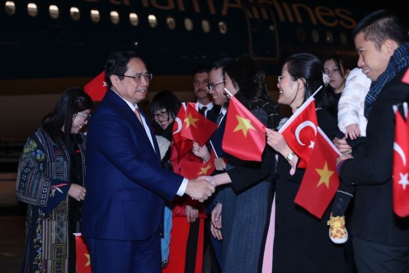 Cán bộ, nhân viên Đại sứ quán và kiều bào Việt Nam tại Thổ Nhĩ Kỳ đón Thủ tướng và Phu nhân - Ảnh: VGP/Nhật Bắc