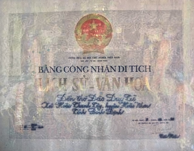 Bằng c&ocirc;ng nhận &ldquo;Di t&iacute;ch lịch sử văn ho&aacute;&rdquo; đối với Đền thờ Đ&agrave;o Duy Từ.