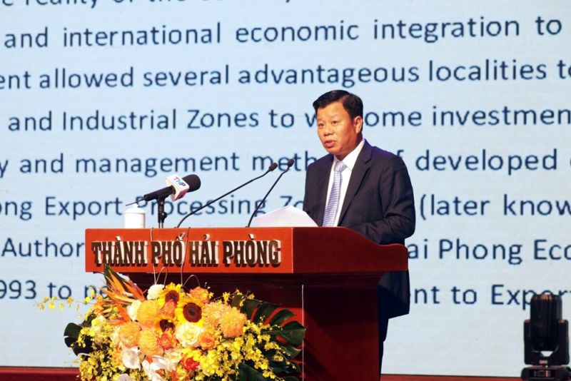 Ông Lê Trung Kiên, Trưởng Ban Quản lý Khu kinh tế Hải Phòng phát biểu tại Lễ kỷ niệm.