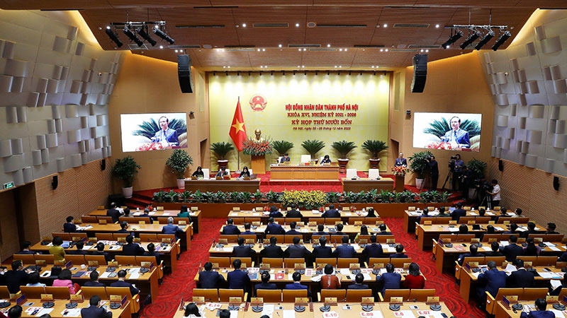 Quảng cảnh kỳ họp thứ 14 HĐND TP Hà Nội khoá XVI tổ chức phiên Chất vấn và trả lời chất vấn