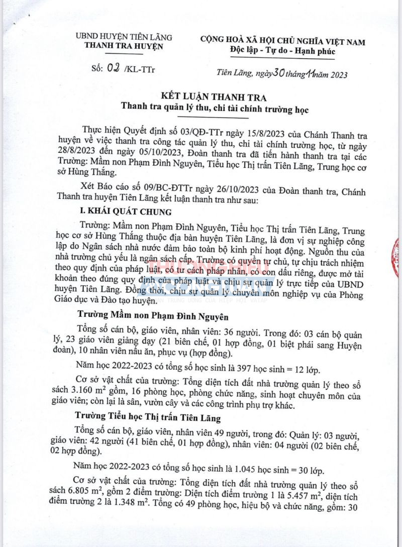 Công khai kết luận thanh tra quản lý thu, chi tài chính một số trường học tại Hải Phòng