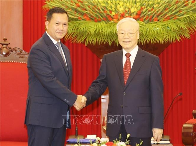 Tổng Bí thư Nguyễn Phú Trọng tiếp Thủ tướng Vương quốc Campuchia Samdech Hun Manet. Ảnh: Trí Dũng/TTXVN