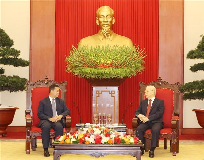 Tổng Bí thư Nguyễn Phú Trọng tiếp Thủ tướng Vương quốc Campuchia Samdech Hun Manet. Ảnh: Trí Dũng/TTXVN
