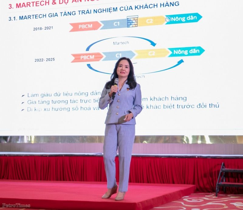 Bà Nguyễn Thị Hiền - Phó Tổng giám đốc PVCFC giới thiệu về dự án người nhân tạo đầu tiên của ngành nông nghiệp Việt Nam mang tên “Anh Hai Cà Mau”.