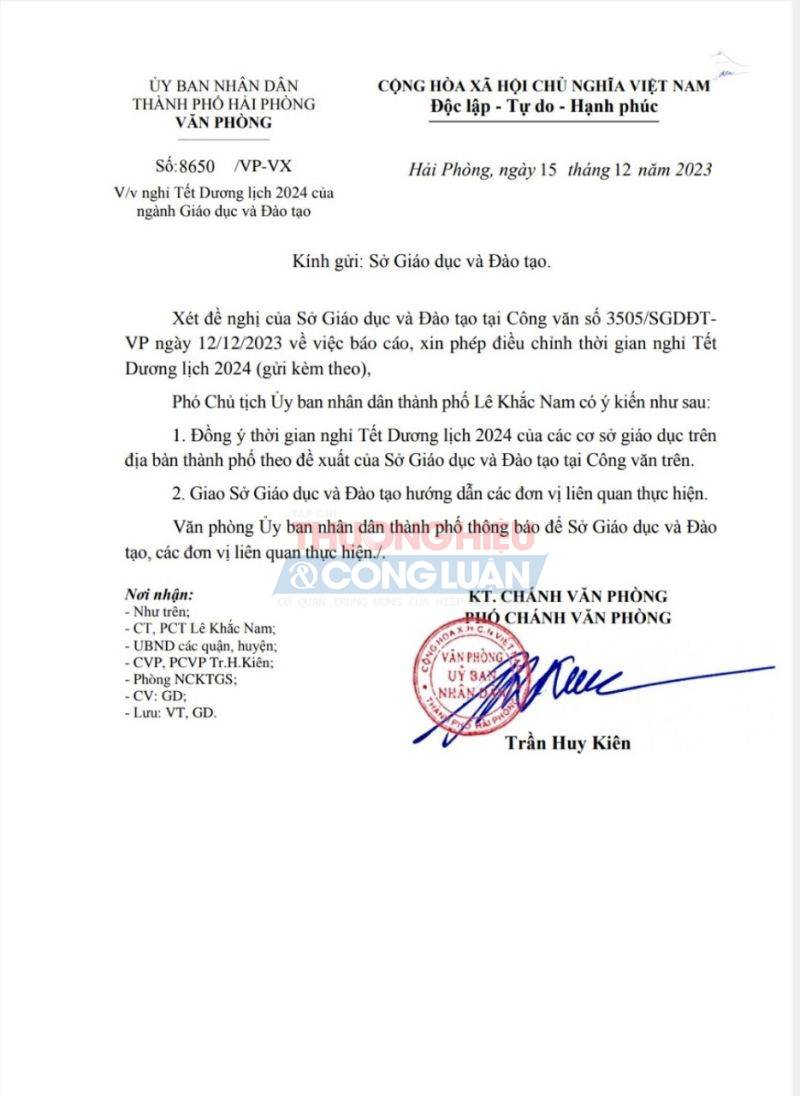 Công văn phê duyệt của UBND TP. Hải Phòng về thời gian nghỉ Tết Dương lịch gửi Sở GDĐT