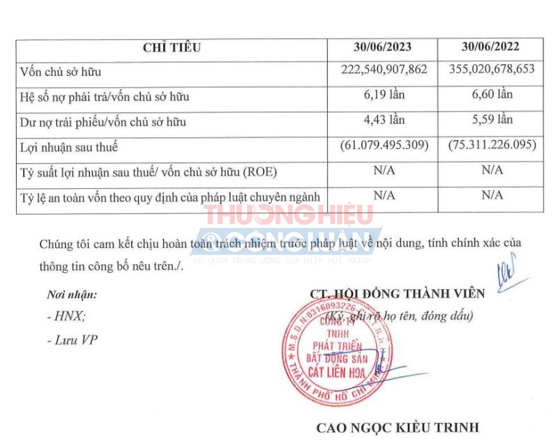 Kết thúc 6 tháng đầu năm 2023, Công ty Cát Liên Hoa báo lỗ sau thuế hơn 61 tỷ đồng.