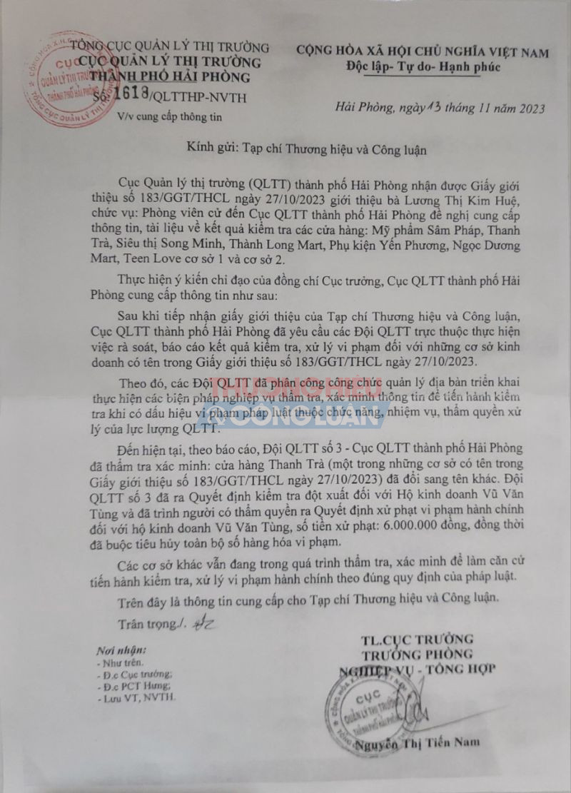 Công văn trả lời THCL từ Cục QLTT thành phố Hải Phòng