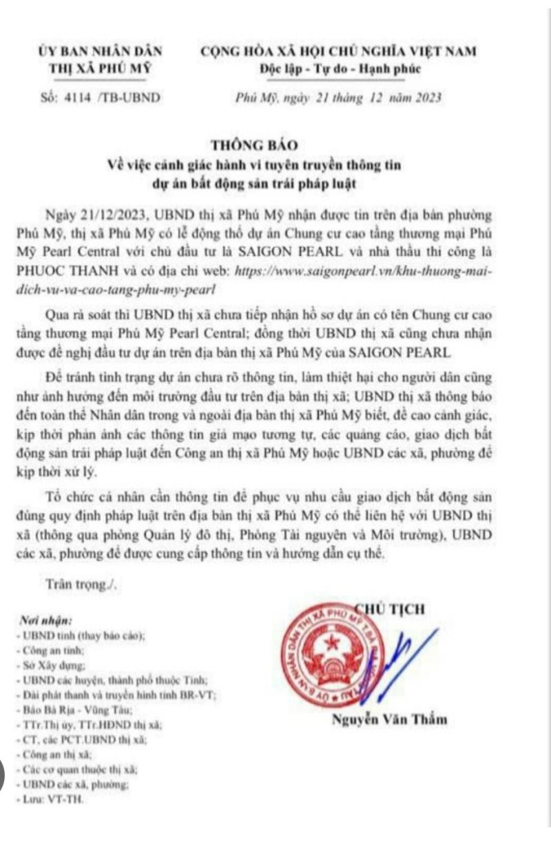 Thông báo của UBND thị xã Phú Mỹ về dự án chung cư cao tầng thương mại Phú Mỹ Pearl Central