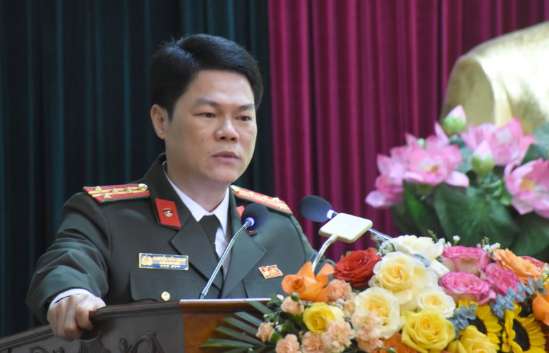 Đại tá Nguyễn Hữu Mạnh, Phó Giám đốc Công an tỉnh phát biểu chỉ đạo tại Hội nghị