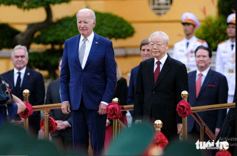 Tổng Bí thư Nguyễn Phú Trọng chủ trì lễ đón chính thức Tổng thống Mỹ Joe Biden thăm cấp nhà nước Việt Nam chiều 10/9/2023 (Ảnh: Nam Trần)