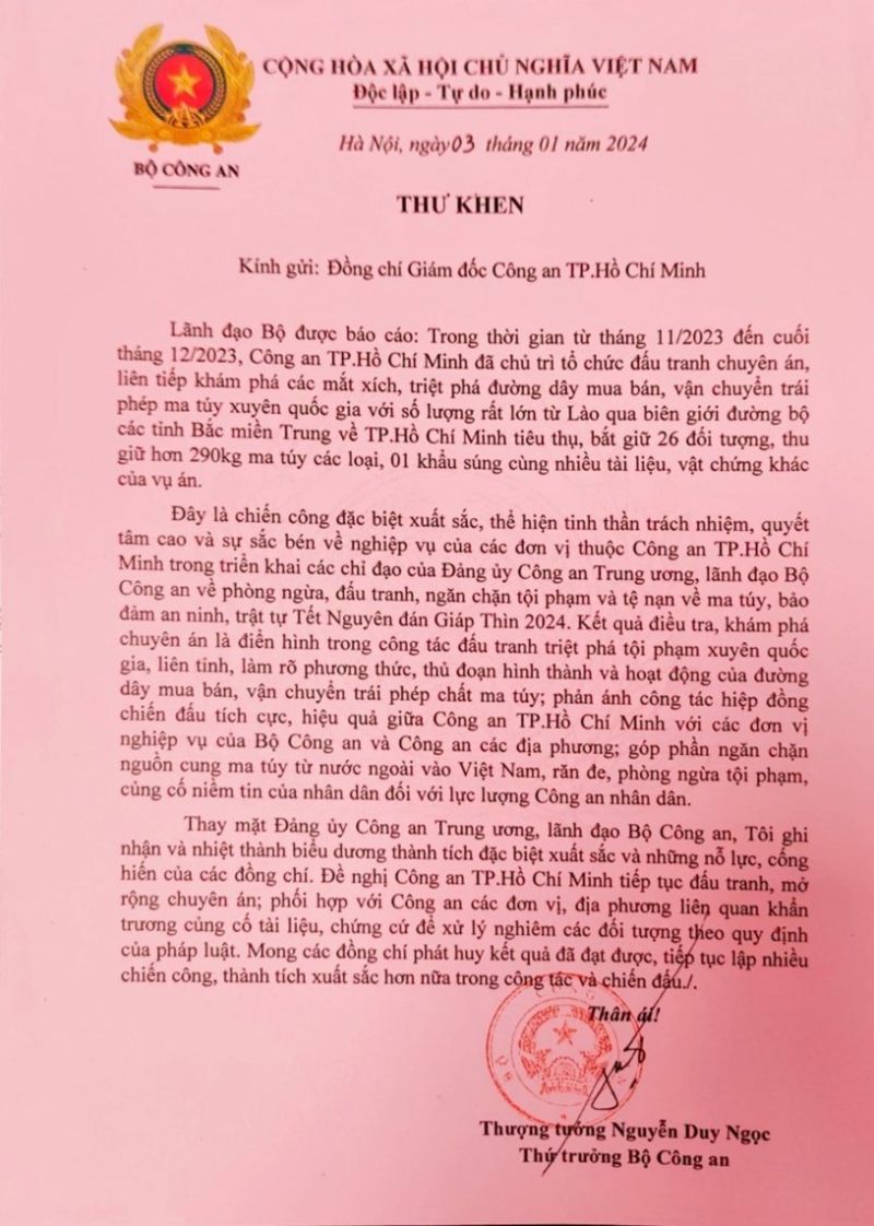 Lãnh đạo Bộ Công an có Thư khen Công an Thành phố về thành tích xuất sắc trong công tác phòng ngừa, đấu tranh, ngăn chặn tội phạm và tệ nạn về ma túy