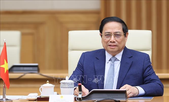 Thủ tướng Phạm Minh Chính phát biểu tại cuộc hội kiến Tổng thống Indonesia Joko Widodo. Ảnh: Dương Giang/TTXVN