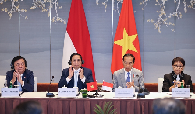Thủ tướng Phạm Minh Chính và Tổng thống Joko Widodo đồng chủ trì Đối thoại. Ảnh VGP/Nhật Bắc.