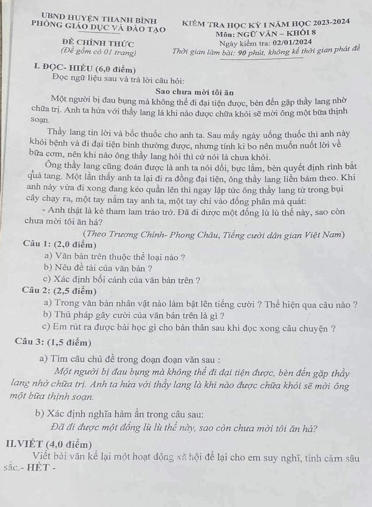Đề kiểm tra học kỳ I môn Ngữ văn của học sinh khối 8 huyện Thanh Bình, tỉnh Đồng Tháp được cho là có ngữ liệu không phù hợp.