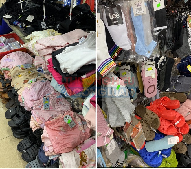 Nhiều sản phẩm túi xách, quần áo trẻ em, người lớn gắn mác made in China nhưng đều không có bất kỳ thông tin nào liên quan đến đơn vị nhập khẩu.