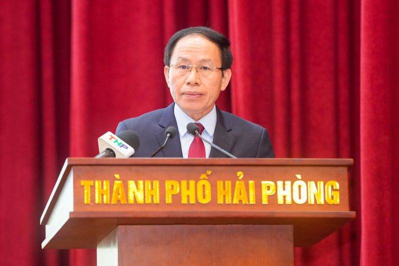 Đồng chí Lê Tiến Châu, Bí thư Thành uỷ Hải Phòng đọc diễn văn tại Lễ kỷ niệm