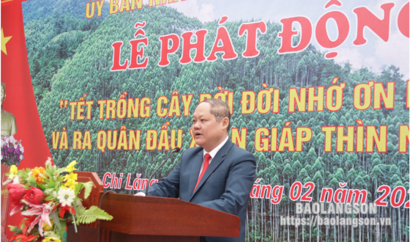 Chủ tịch UBND huyện Chi Lăng Vi Nông Trường phát biểu tại Lễ phát động