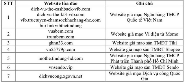 Danh sách các website giả mạo phổ biến.