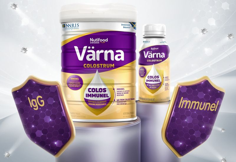 Värna Colostrum với phân đoạn sữa non phân tử lượng thấp (Immunel) độc quyền từ Sterling Mỹ và kháng thể IgG được chứng minh lâm sàng có tác dụng hỗ trợ tăng đề kháng nhanh chỉ sau 2 giờ