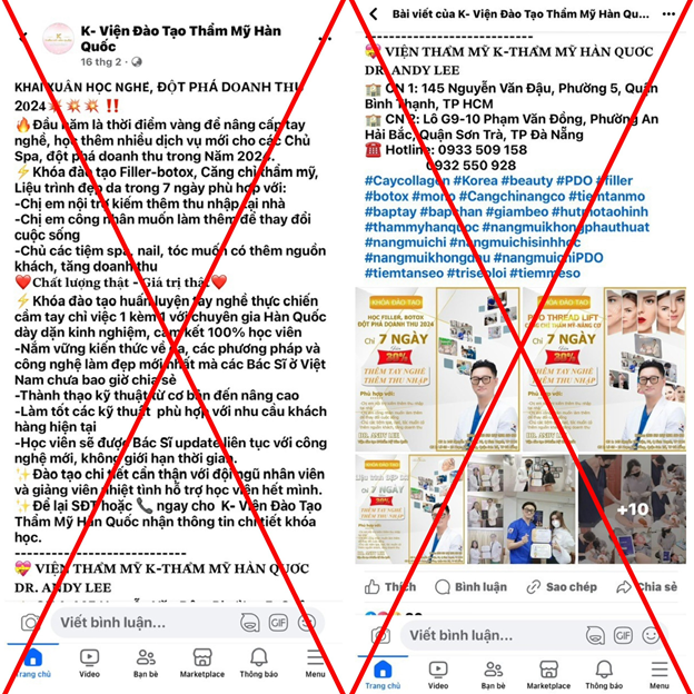 Thông tin quảng cáo trái phép của K - Viện đào tạo thẩm mỹ Hàn Quốc có tên bác sĩ Andy Lee tại địa chỉ 145 Nguyễn Văn Đậu, phường 5, quận Bình Thạnh