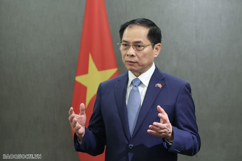 Bộ trưởng Ngoại giao Bùi Thanh Sơn trả lời phỏng vấn báo chí.