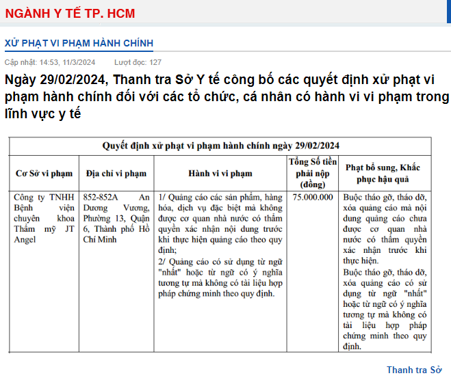 Danh sách xử phạt của Thanh tra Sở Y tế TP. Hồ Chí Minh