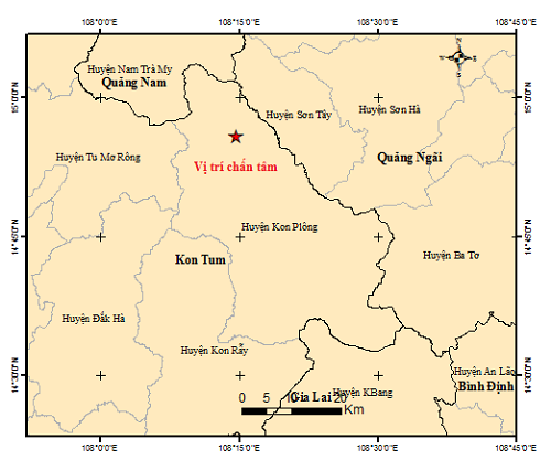 Vị trí xảy ra các trận động đất liên tiếp ở Kon Tum