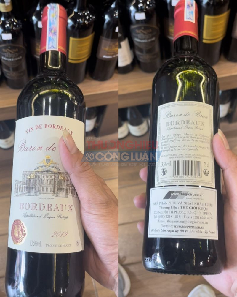 Rượu vang BORDEAUX nhãn phụ không ghi rõ thông tin về thành phần, nơi sản xuất, khuyến cáo từ nhà sản xuất bằng tiếng Việt