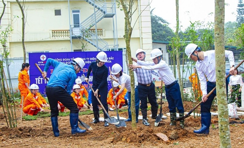 các đại biểu đã trồng 96 cây sưa, 25 cây tre xanh và 83 cây hoa hồng trong khuôn viên của Điện lực khu vực thị xã Bỉm Sơn - Hà Trung.
