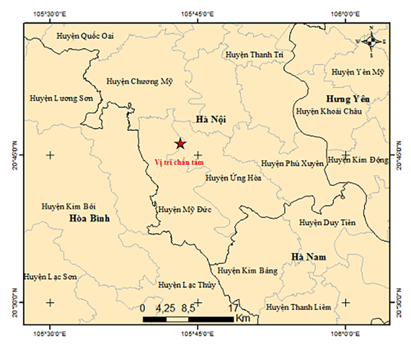 Vị trí tâm chấn của trận động đất sáng nay tại Hà Nội. Ảnh: Viện Vật lý Địa cầu