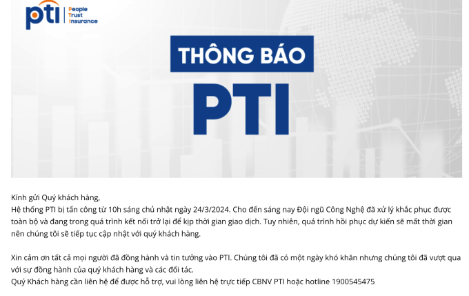 Thông báo đăng trên website của Tổng công ty Bảo hiểm Bưu điện (PTI) ngày 25/3, với nội dung tương tự VNDirect. Ảnh chụp màn hình