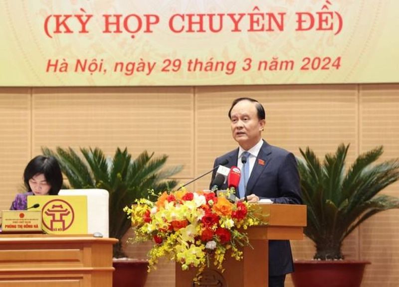 Chủ tịch HĐND thành phố Hà Nội Nguyễn Ngọc Tuấn phát biểu khai mạc kỳ họp. Ảnh: HNM/Viết Thành.