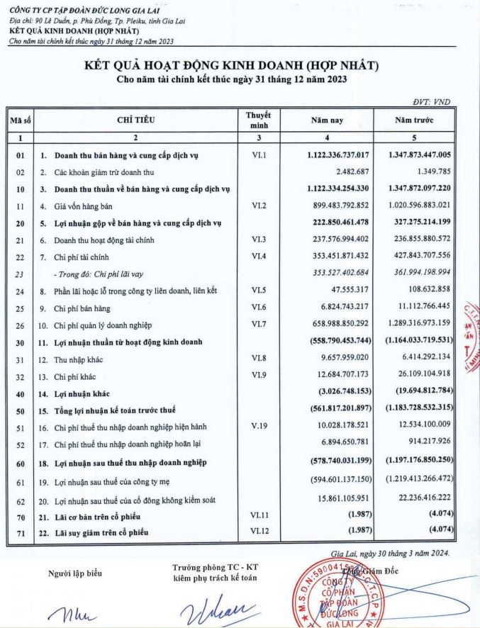 BCTC hợp nhất kiểm to&aacute;n năm 2023 của CTCP Tập đo&agrave;n Đức Long Gia Lai.