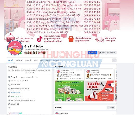 Trang Facebook https://www.facebook.com/giaphubaby, quảng cáo nhiều mặt hàng cho mẹ và bé