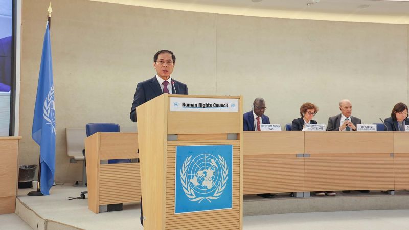 Bộ trưởng Bùi Thanh Sơn phát biểu tại Phiên họp cấp cao Khóa họp 55 HĐNQ LHQ, ngày 26/2 tại Geneva, Thụy Sỹ. (Ảnh: Nhất Phong)