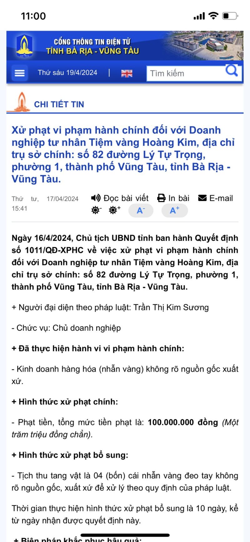 Văn bản xử phạt hành chính đối với doanh nghiệp tư nhân Tiệm vàng Hoàng Kim được đăng tải trên Công thông tin điện tử tỉnh Bà Rịa – Vũng Tàu