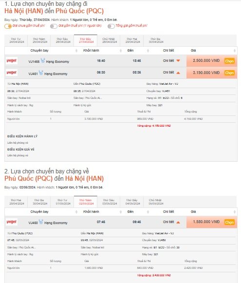 giá vé máy bay khứ hồi chiều đi ngày 27/4, chiều về ngày 2/5 của Vietjet Air đang có giá từ 6,5-8,7 triệu đồng