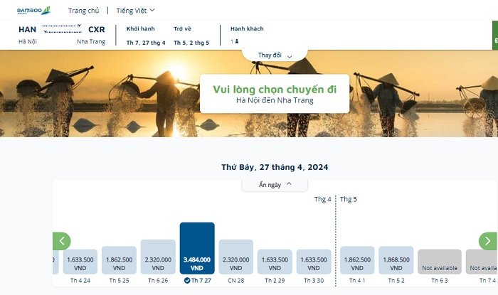 chặng bay Hà Nội - Cam Ranh với mức giá rẻ nhất khứ hồi là 4,733 triệu đồng/người (đã bao gồm thuế phí)