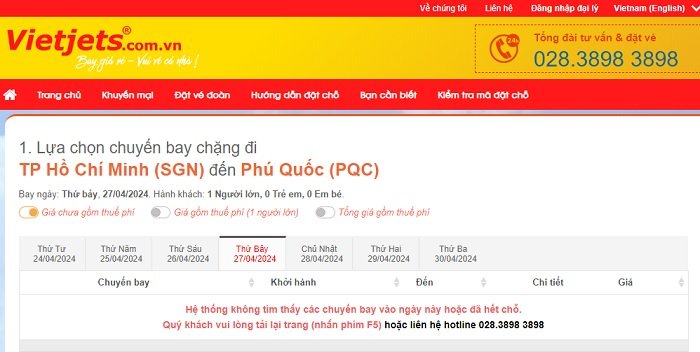 chặng bay kết nối từ TP. Hồ Chí Minh đến Phú Quốc vào ngày 27/4 đã không còn ghế