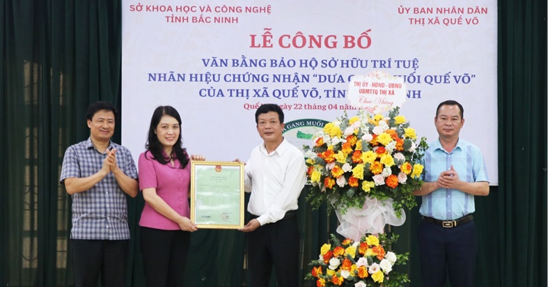 Phó Giám đốc Sở KH&CN Nguyễn Thanh Bình (thứ 2 từ trái qua) trao Văn bằng bảo hộ nhãn hiệu chứng nhận “Dưa gang muối Quế Võ” cho lãnh đạo UBND thị xã Quế Võ.