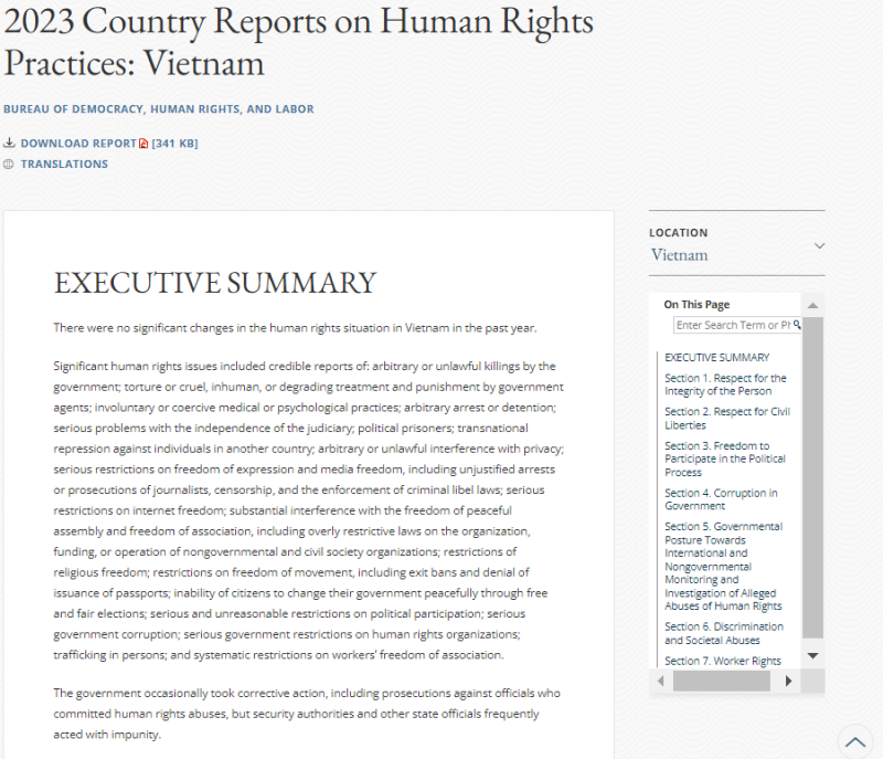 Trang đầu tiên của báo cáo về nhân quyền ở Việt Nam trên trang web Bộ Ngoại giao Mỹ. Ảnh chụp màn hình
