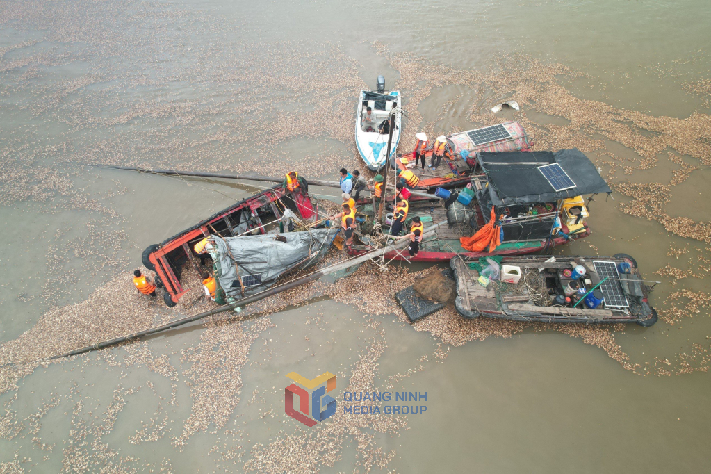 Lực lượng cứu hộ và tìm kiếm cứu nạn phối hợp cùng ngư dân tổ chức rà soát, tìm kiếm khu vực giữa sông.