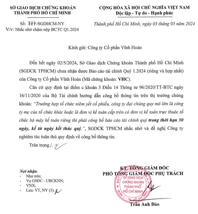 Công văn của Sở Giao dịch Chứng khoán TP. Hồ Chí Minh nhắc nhở Công ty cổ phần Vĩnh Hoàn.