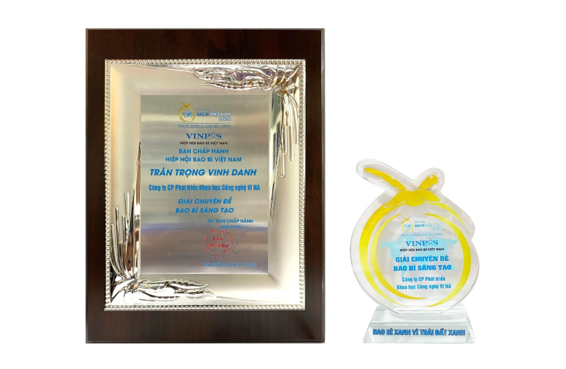 Chứng nhận và kỉ niệm chương Vinh danh cho giải thưởng “Bao bì Sáng tạo” của Vina CHG