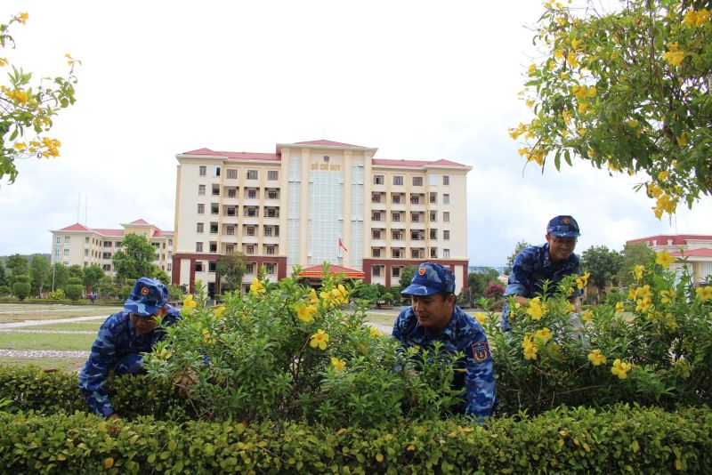 Cán bộ, chiến sĩ BTL Vùng CSB4 chăm sóc bồn hoa, cây cảnh hướng tới chào mừng Đại hội