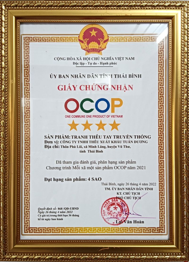 Chứng nhận OCOP 4 sao cấp tỉnh của Công ty TNHH thêu xuất khẩu Tuấn Dương