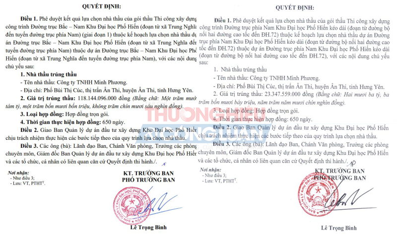 Trong tháng 3/2022, ông Lê Trọng Bình – Phó trưởng Ban QL khu Đại học Phố Hiến đã ký 2 Quyết định phê duyệt lựa chọn nhà thầu cho Công ty Minh Phương với tỷ lệ tiết kiệm của hai gói thầu đều 0,08%.