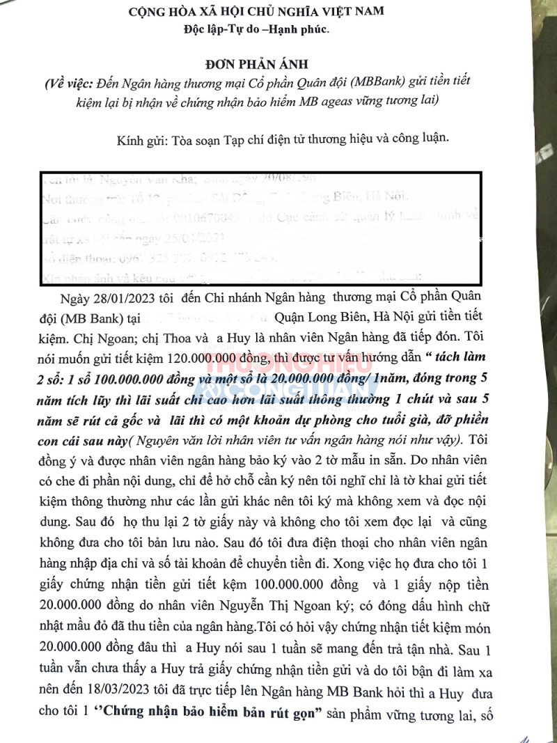 Anh K. bức xúc khi gửi tiết kiệm lại nhận về chứng nhận bảo hiểm.