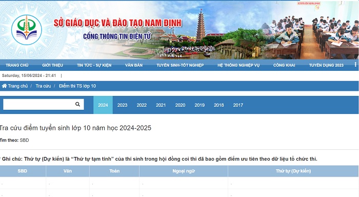 Thí sinh truy cập website của Sở Giáo dục và Đào tạo Nam Định để xem điểm thi vào lớp 10 năm học 2024-2025.